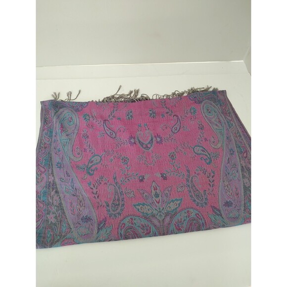 Silk-kashmer By STS Reversible Shawl Wrap Scarf Fringe Purple Blue - Picture 4 of 4